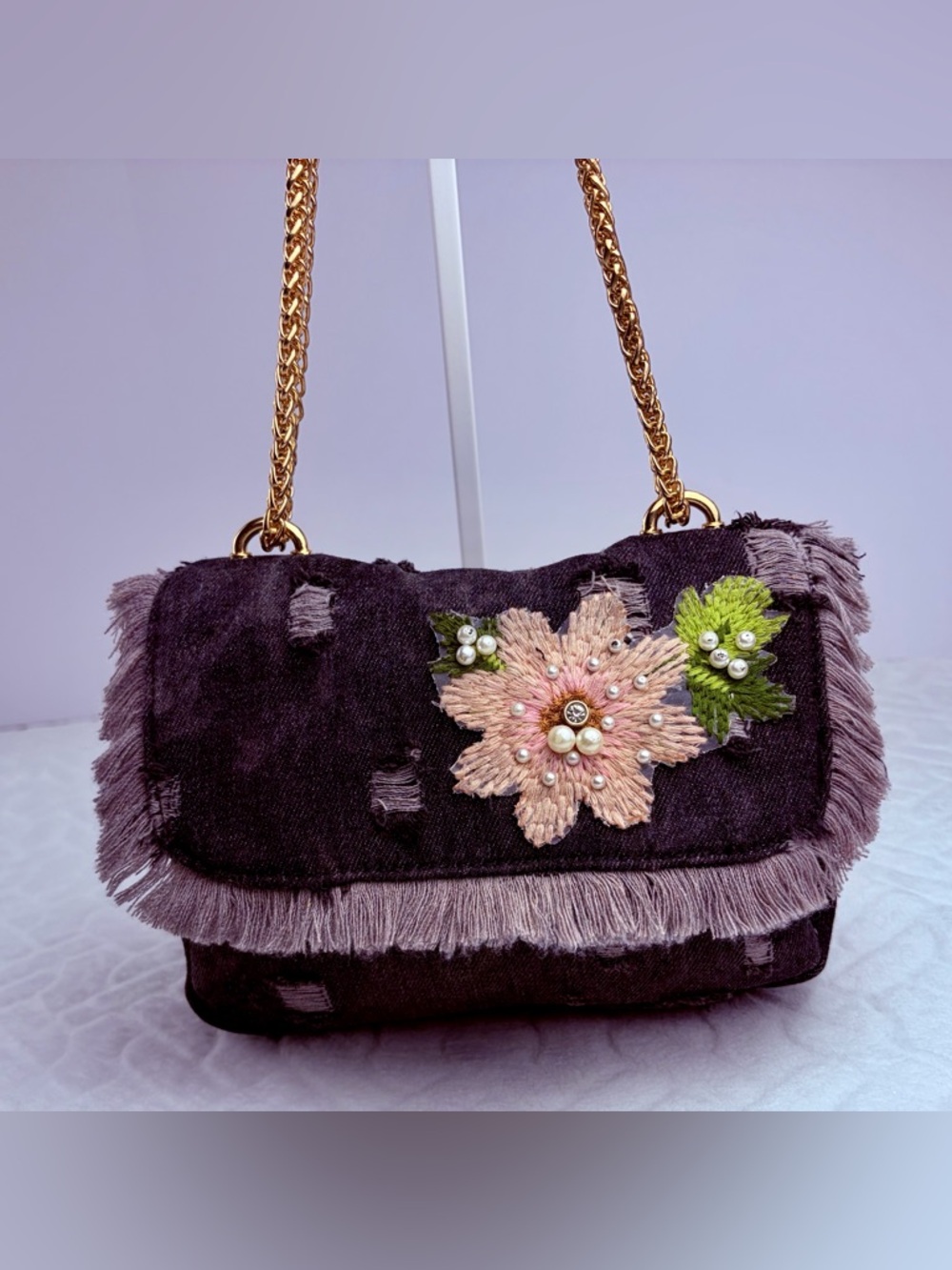 Distressed Y2K Boho inspired black Denim bag with pink 3D embroidered flower - Picture 9 of 10